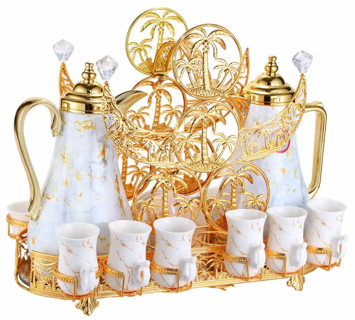 MC The Black Diamond Arabic ceramic golden tea set with intricate patterns and shiny golden accents, includes teapot, cups, and tray.