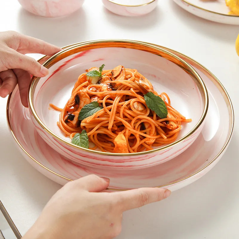 Pink gilded marble pattern porcelain dinnerware set from MC THE BLACK DIAMOND, includes plates and bowls with elegant design