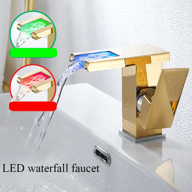 LED temperature-display basin faucet for bath sink by MC THE BLACK DIAMOND, shown with sleek modern design and temperature indicator.