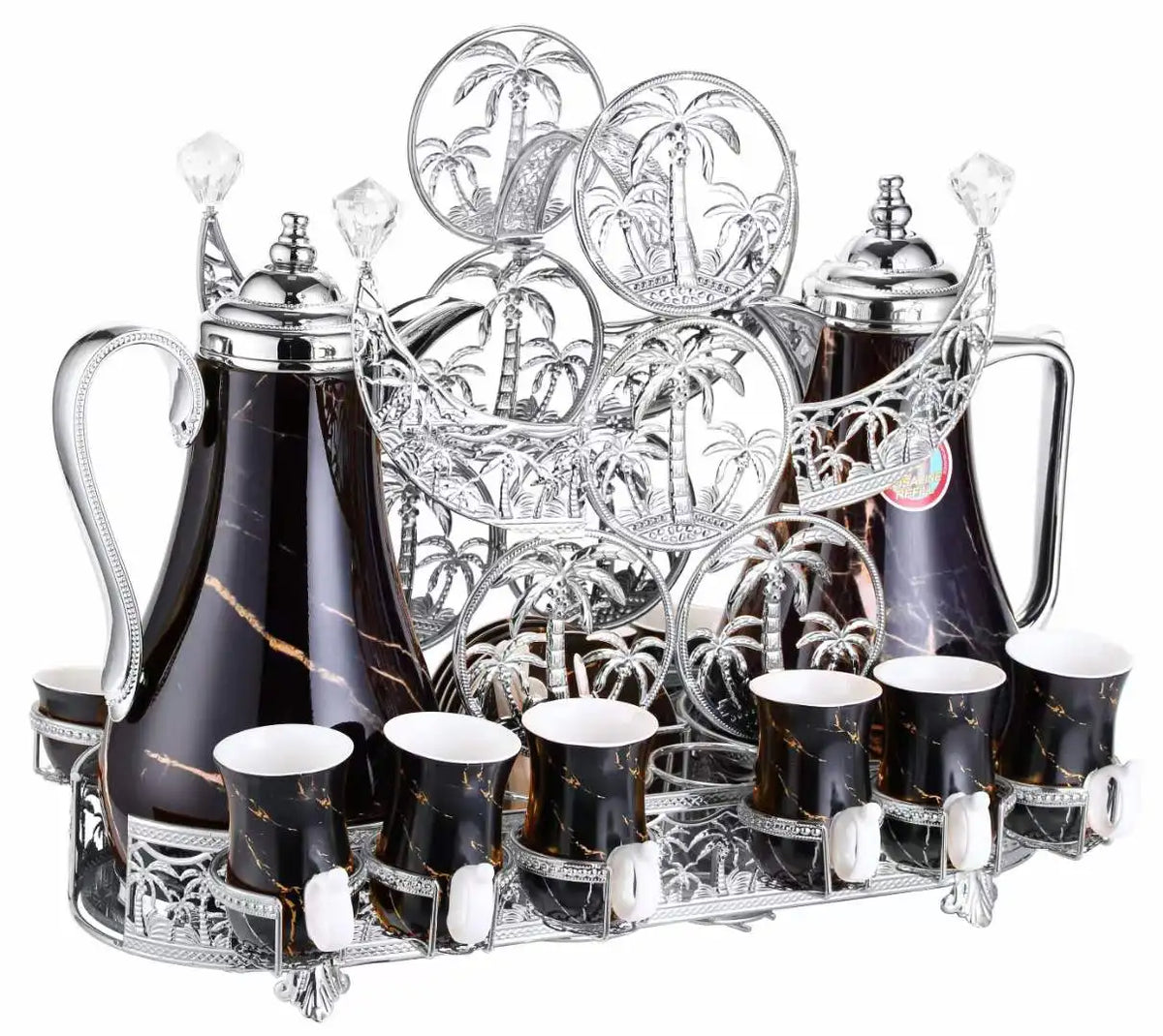 Black Diamond Arabic ceramic tea set with golden accents, featuring a teapot, cups, and saucers, elegant and decorative.