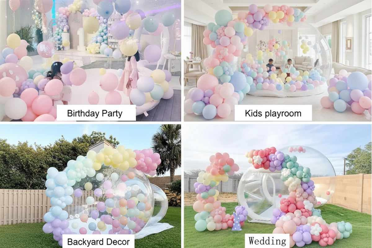 Transparent inflatable crystal dome bubble room by MC THE BLACK DIAMOND, showcasing a clear, spacious inflatable bouncer for events.
