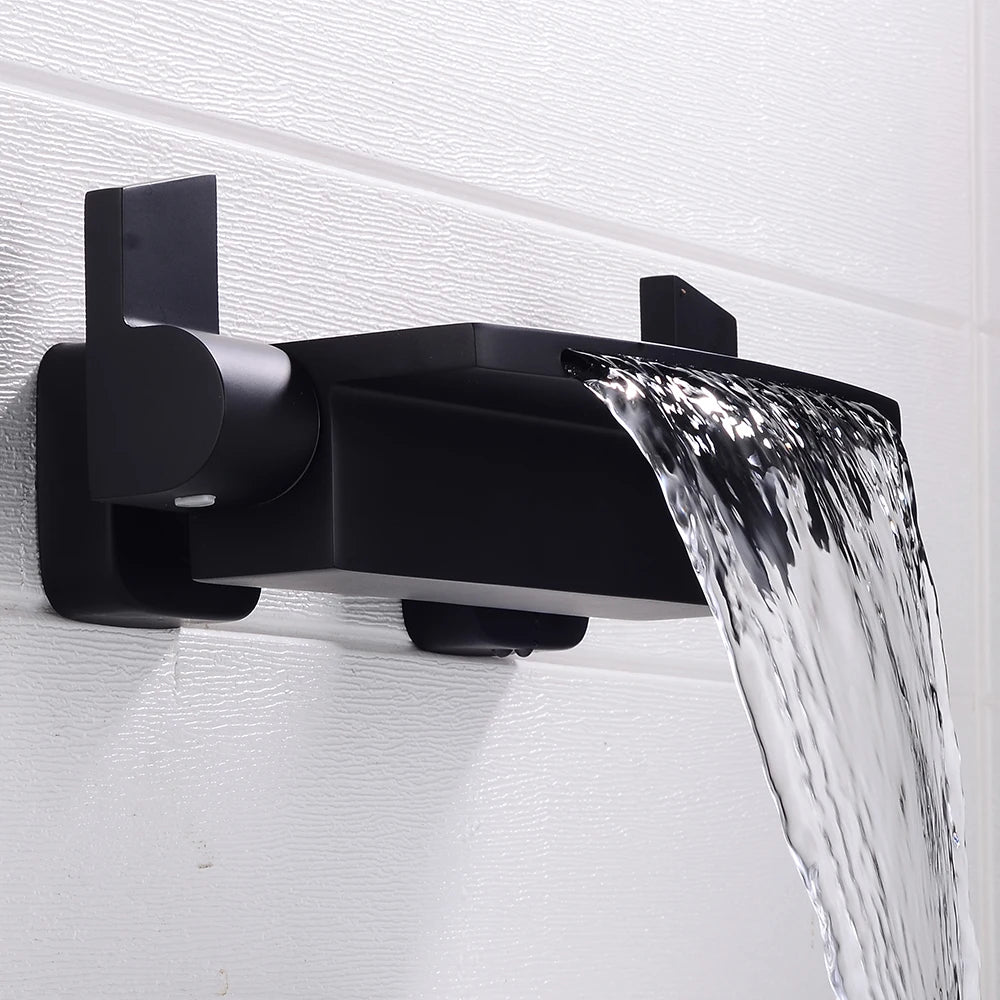 Dual control bath and shower faucet by MC The Black Diamond, designed for hot and cold water regulation in bathtub and shower.