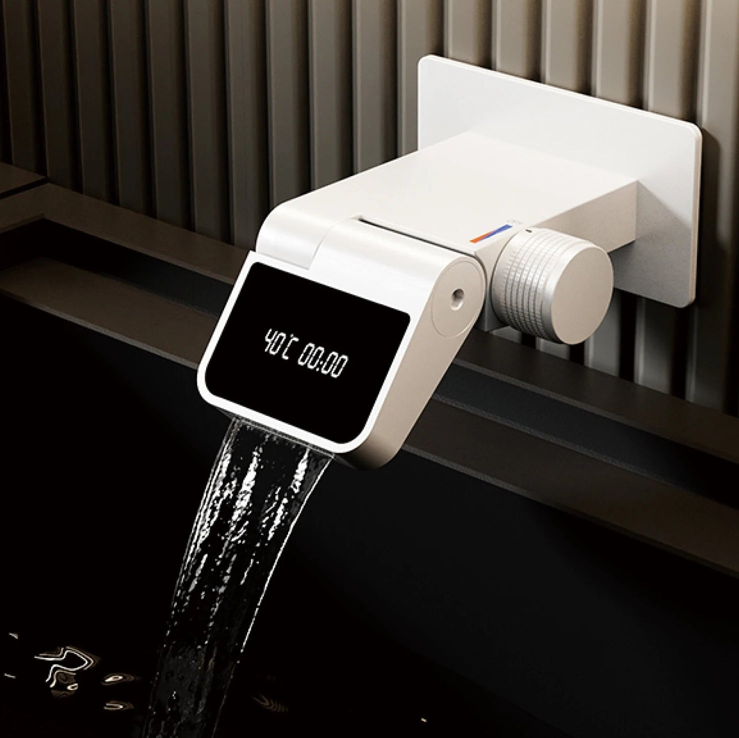Luxury brass wall-mounted bathroom sink faucet with LED digital display, dual hot and cold controls, and sleek white finish.