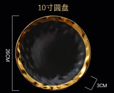 European style gold side black ceramic plate with matte finish, used as a steak dish or dessert tray, by 𝕄𝕔 𝕋𝕙𝕖 𝔹𝕝𝕒𝕔𝕜 𝔻�