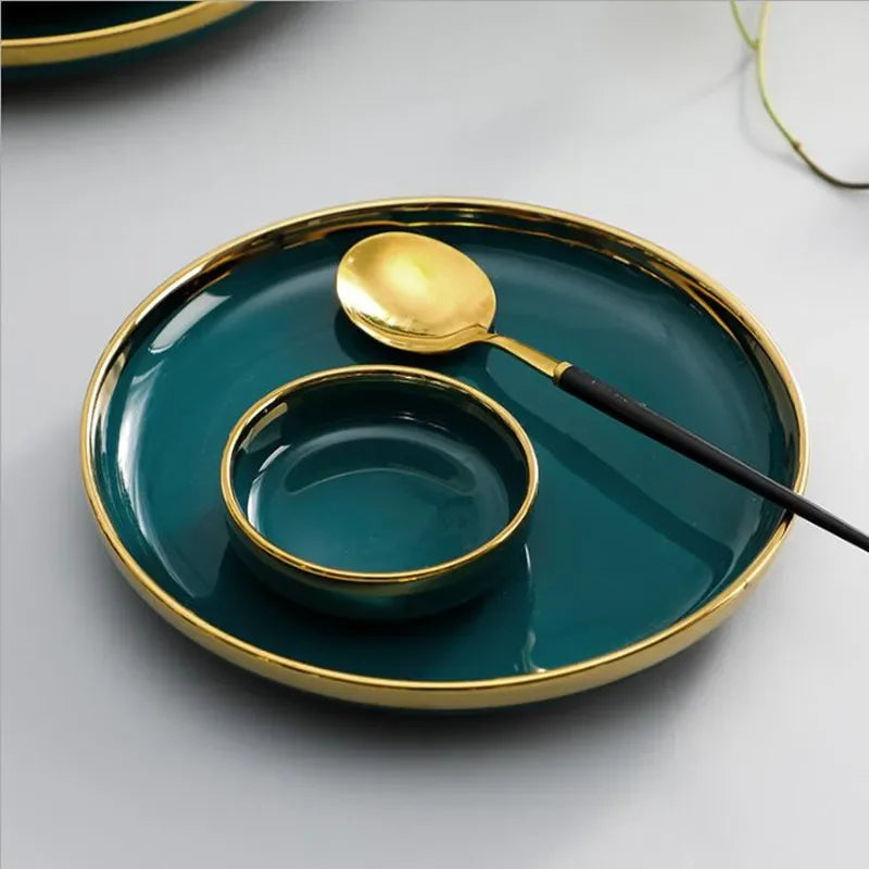 Green ceramic dinnerware set by MC THE BLACK DIAMOND, includes plates and bowls with a sleek, modern design for family dining.