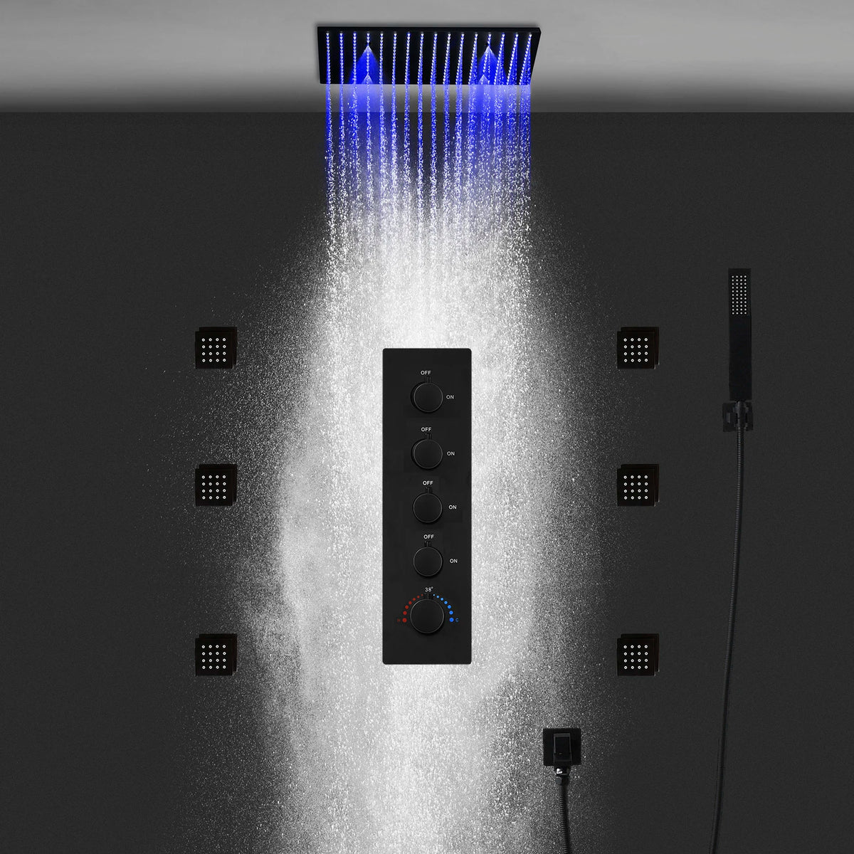MC THE BLACK DIAMOND LED shower head set with side massage jets and constant temperature valve mixer, modern bathroom shower system