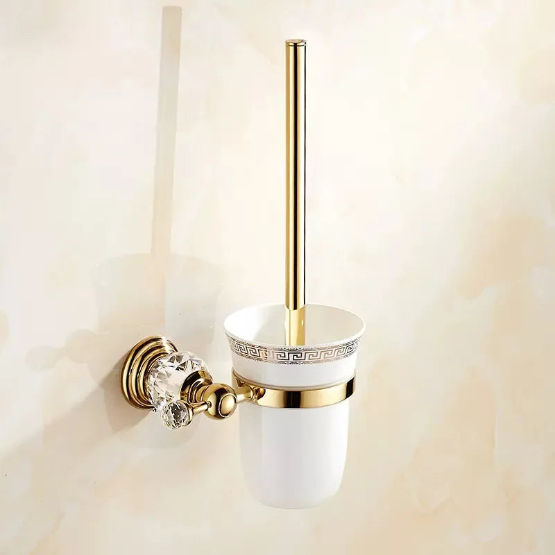 Luxury gold polished brass bathroom accessories set with soap dish, toothbrush holder, and towel ring from MC THE BLACK DIAMOND.