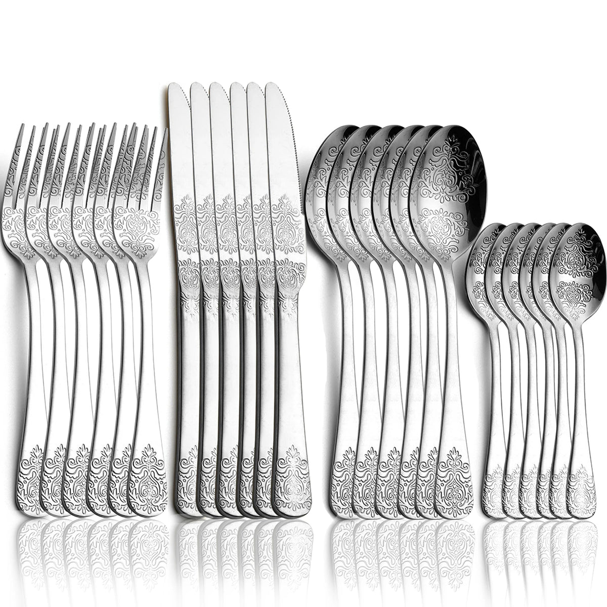 Stainless steel gold cutlery set by MC THE BLACK DIAMOND, includes forks, knives, and spoons in a sleek flatware design.