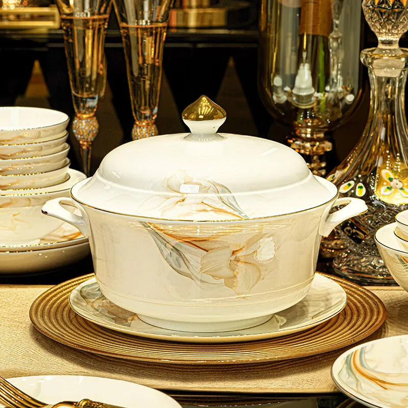 Luxury MC THE BLACK DIAMOND dinnerware set with high-quality plates and bowls arranged on a elegant table.