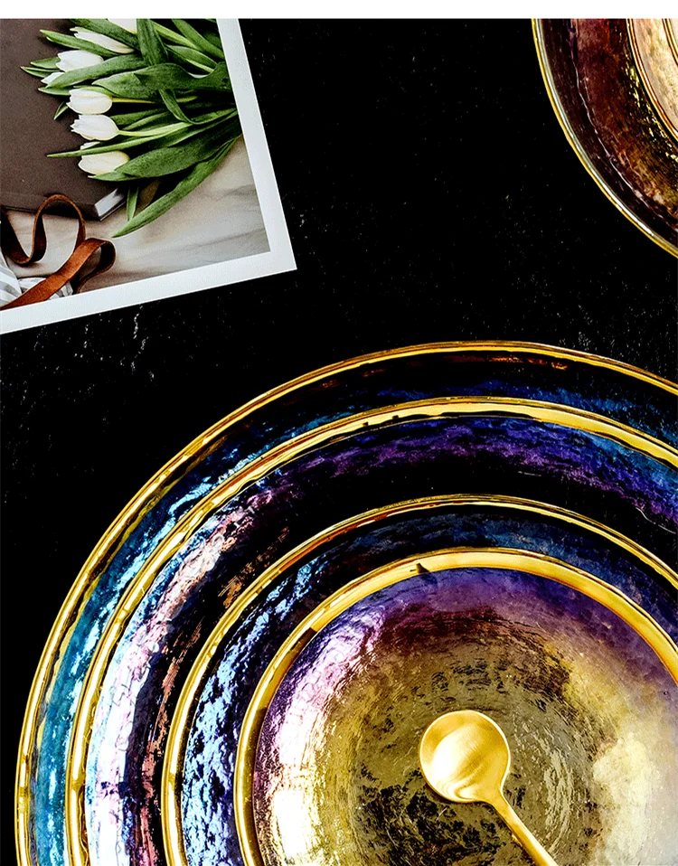 Thick rainbow glass dinner plates by MC THE BLACK DIAMOND, featuring vibrant multicolor glass design for steak and dinner servings.