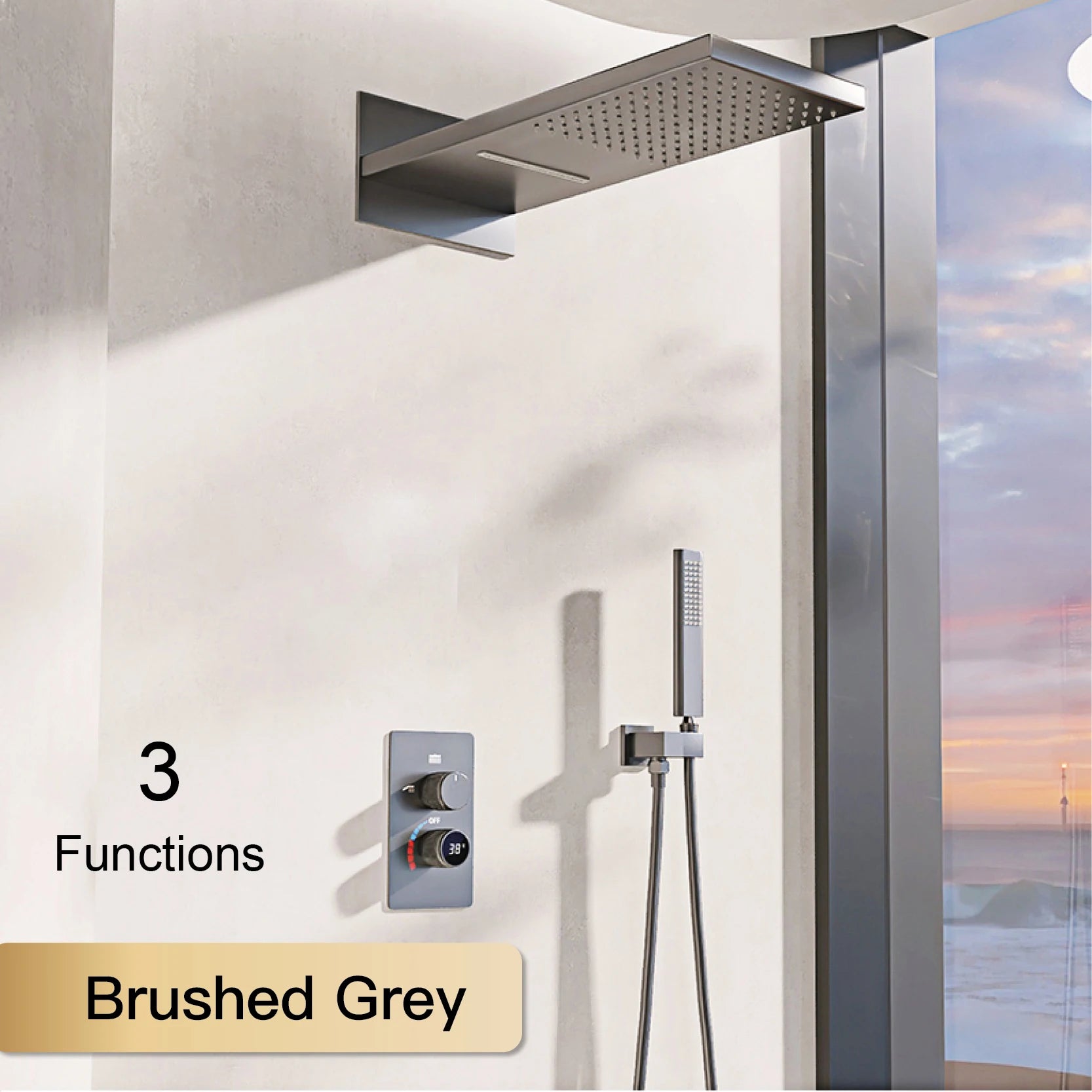 LED digital display shower system by MC THE BLACK DIAMOND showing dual control for hot and cold water, with sleek modern design.