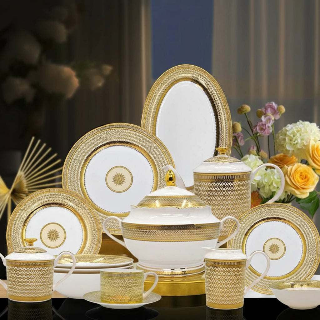 White porcelain dinnerware set by MC THE BLACK DIAMOND, featuring plates, bowls, and cups in the Royal Dinnerware collection.