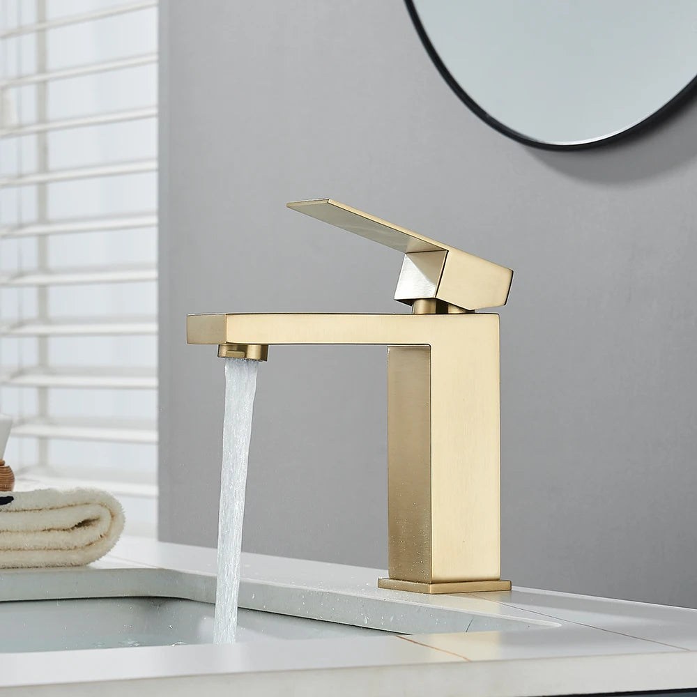 Matte black stainless steel bathroom sink faucet with hot and cold mixer, modern design by MC THE BLACK DIAMOND.