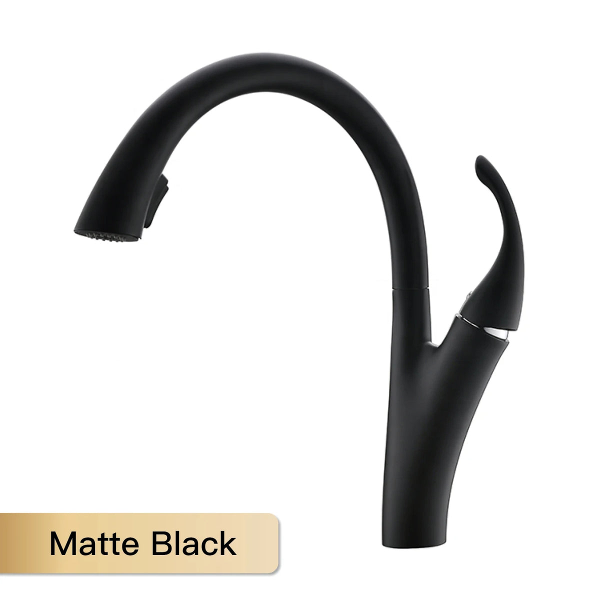 Dual-spray pull-out kitchen faucet by MC THE BLACK DIAMOND with chrome finish and flexible hose, shown from side view.