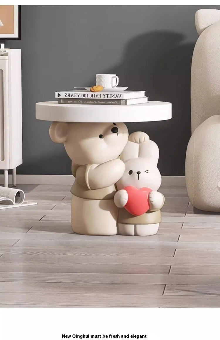 Cream-colored parent-child bear statue table for home decor, made by MC THE BLACK DIAMOND, styled as a coffee table accent piece.