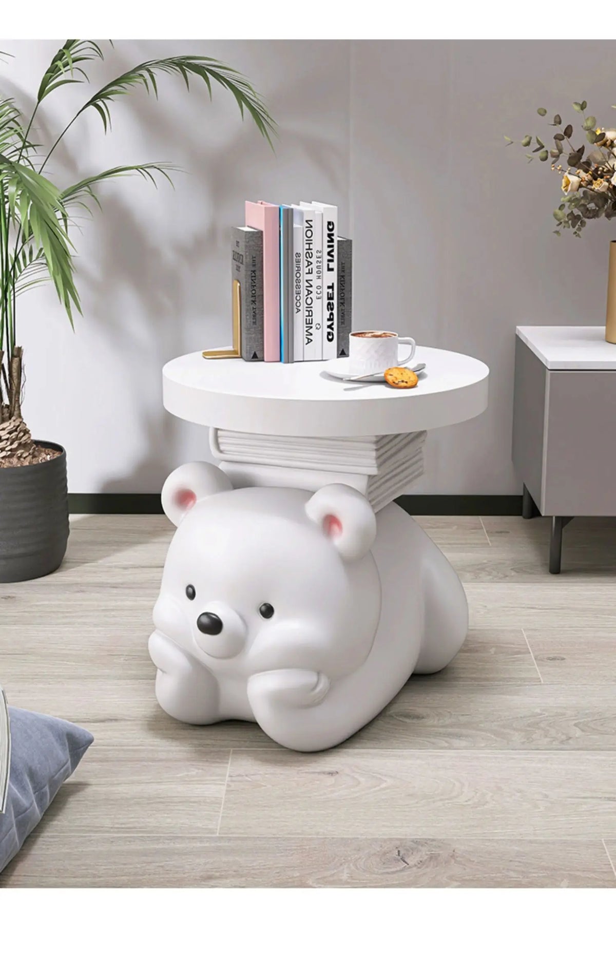 Cream bear end table by MC THE BLACK DIAMOND, living room floor ornament and home accessory with a cute bear design.