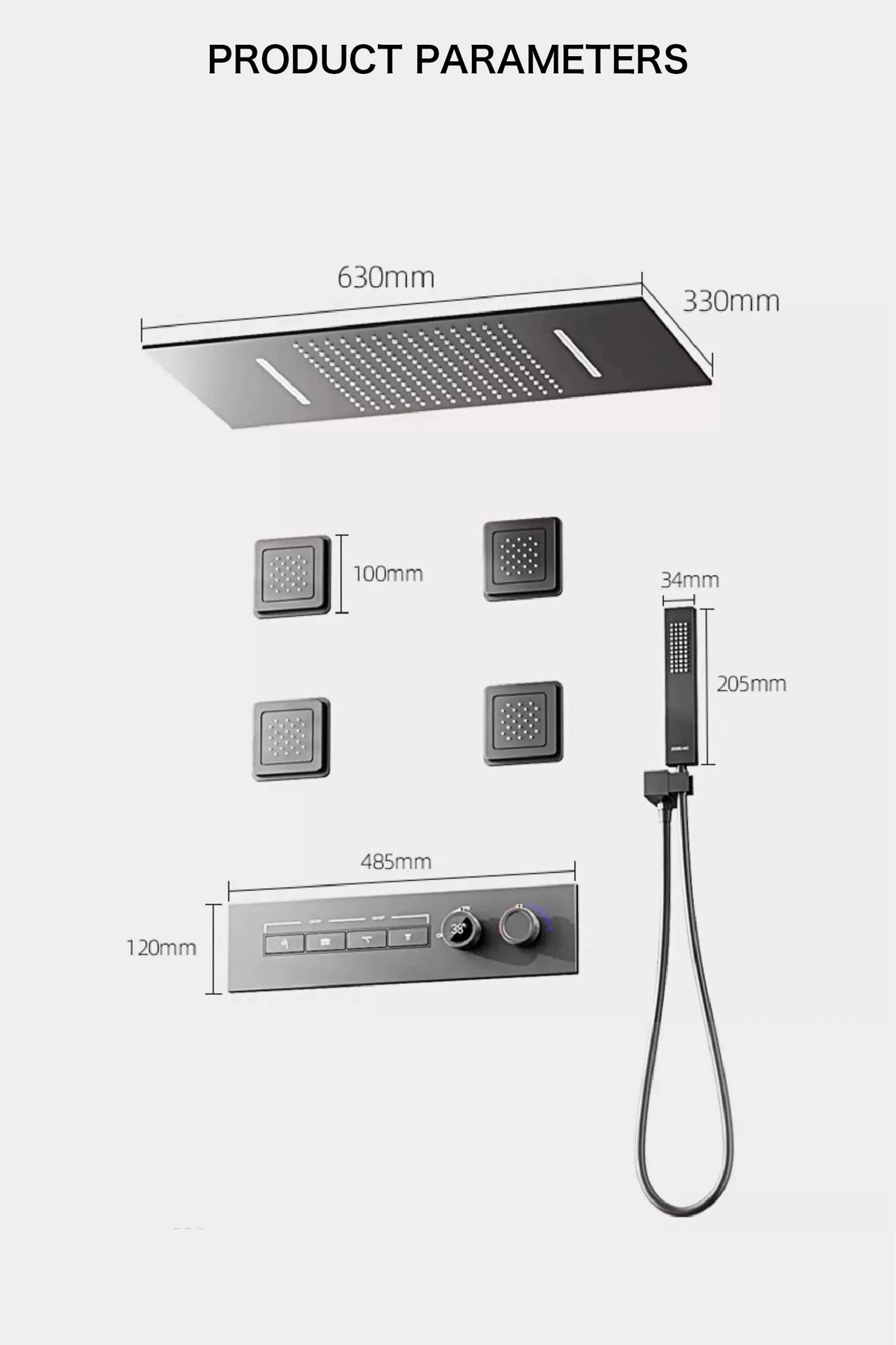 MC THE BLACK DIAMOND LED digital shower system with dual control for hot and cold water, featuring a sleek bathroom shower faucet.