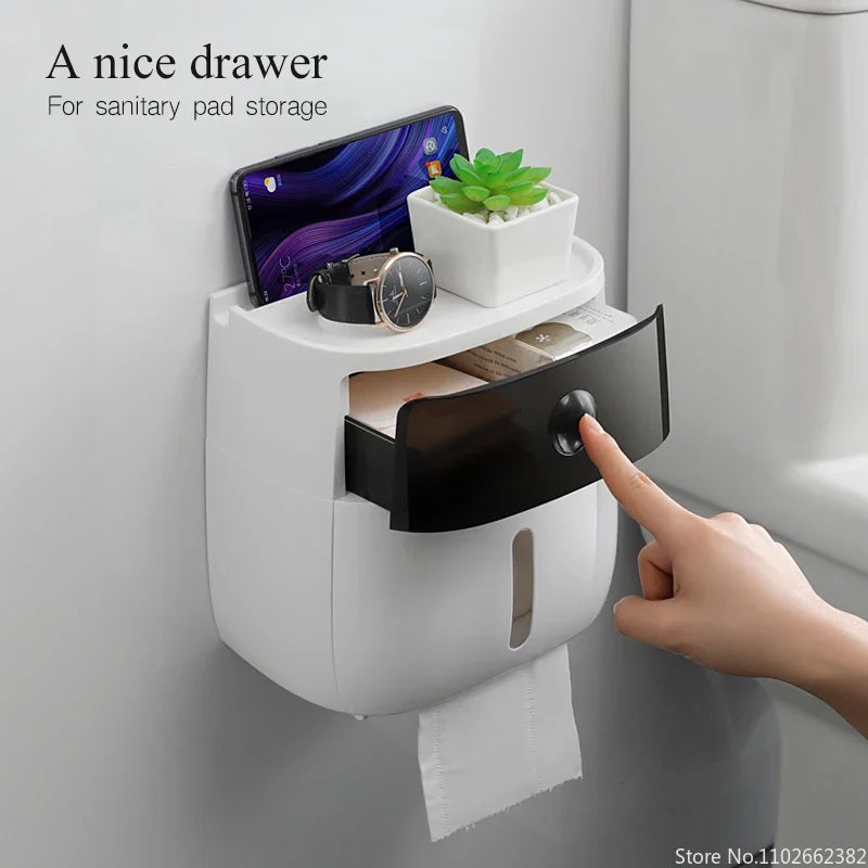 Plastic waterproof double-layer toilet paper holder by MC The Black Diamonds, designed for bathroom storage and toilet paper organization.