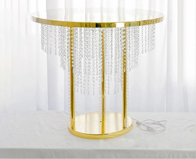 MC THE BLACK DIAMOND crystal bead curtain table used as elegant home decor with sparkling crystal beads and black stand.