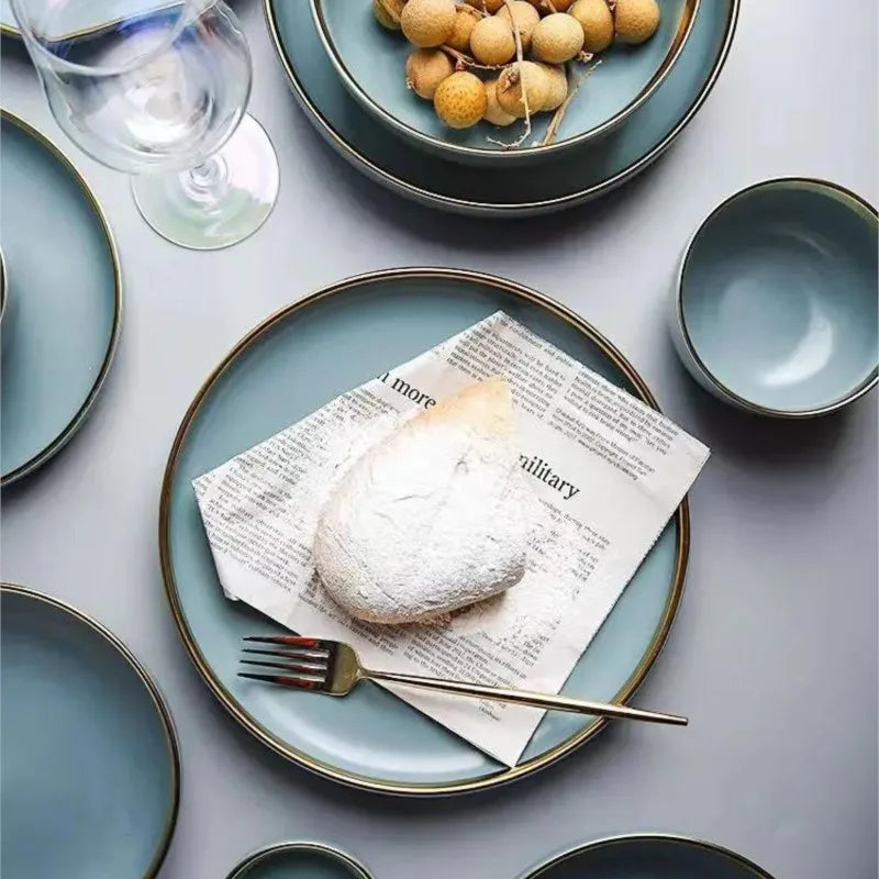 Matte ceramic dinnerware set with cereal bowls, dessert plates, and steak plates from 𝕄𝕔 𝕋𝕙𝕖 𝔹𝕝𝕒𝕔𝕜 𝔻𝕚𝕒