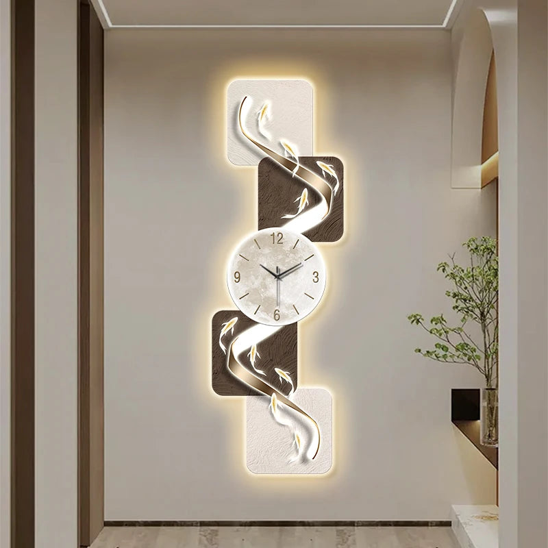 Modern wall clock with nine fish design, LED luminescent mural, black frame, suitable for living room or corridor decor.