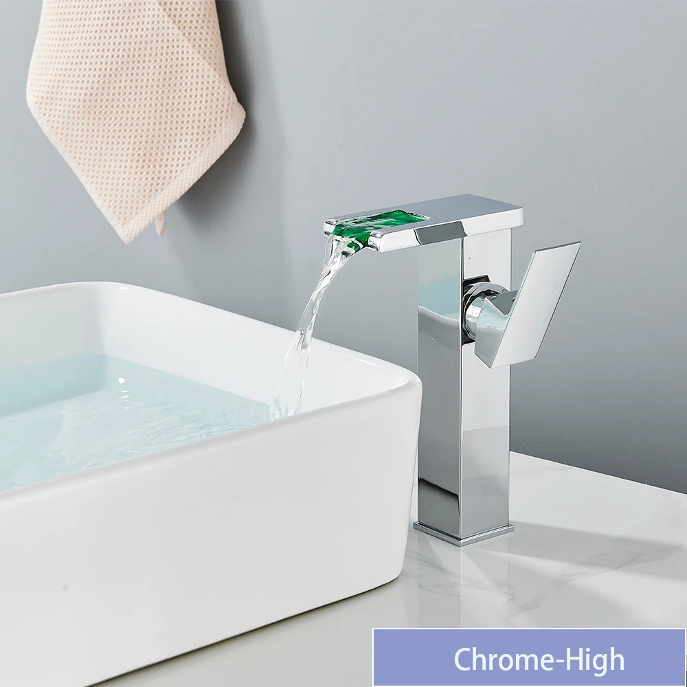 MC THE BLACK DIAMOND LED bathroom sink faucet with brass waterfall design, black finish, hot and cold water mixer for bath sinks.