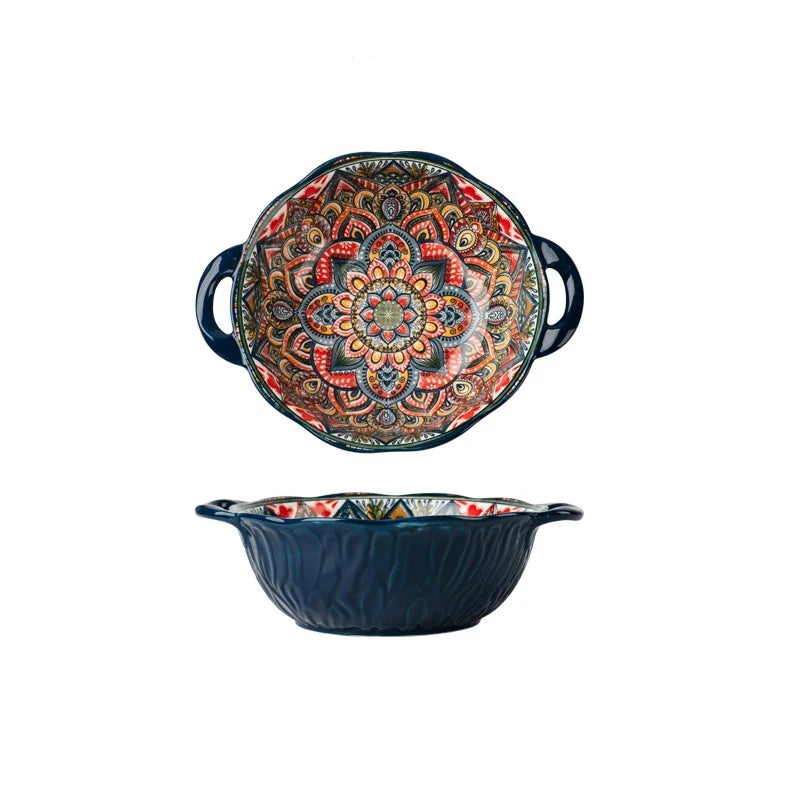 Bohemian ceramic dinnerware set with unique floral pattern by MC THE BLACK DIAMOND, featuring plates and bowls with vibrant floral designs.