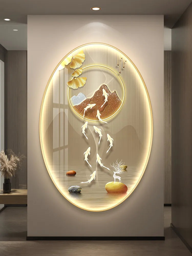 Aesthetic high-end living room wall decor with luminous LED light painting by MC THE BLACK DIAMOND, featuring a modern painting poster.