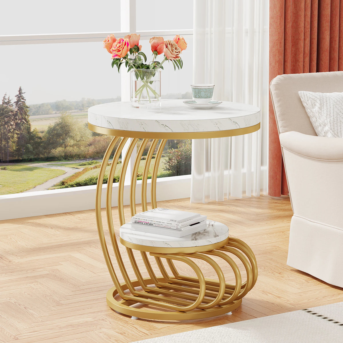 MC THE BLACK DIAMOND faux marble end table with storage shelf, modern tiered side table for living room decor.