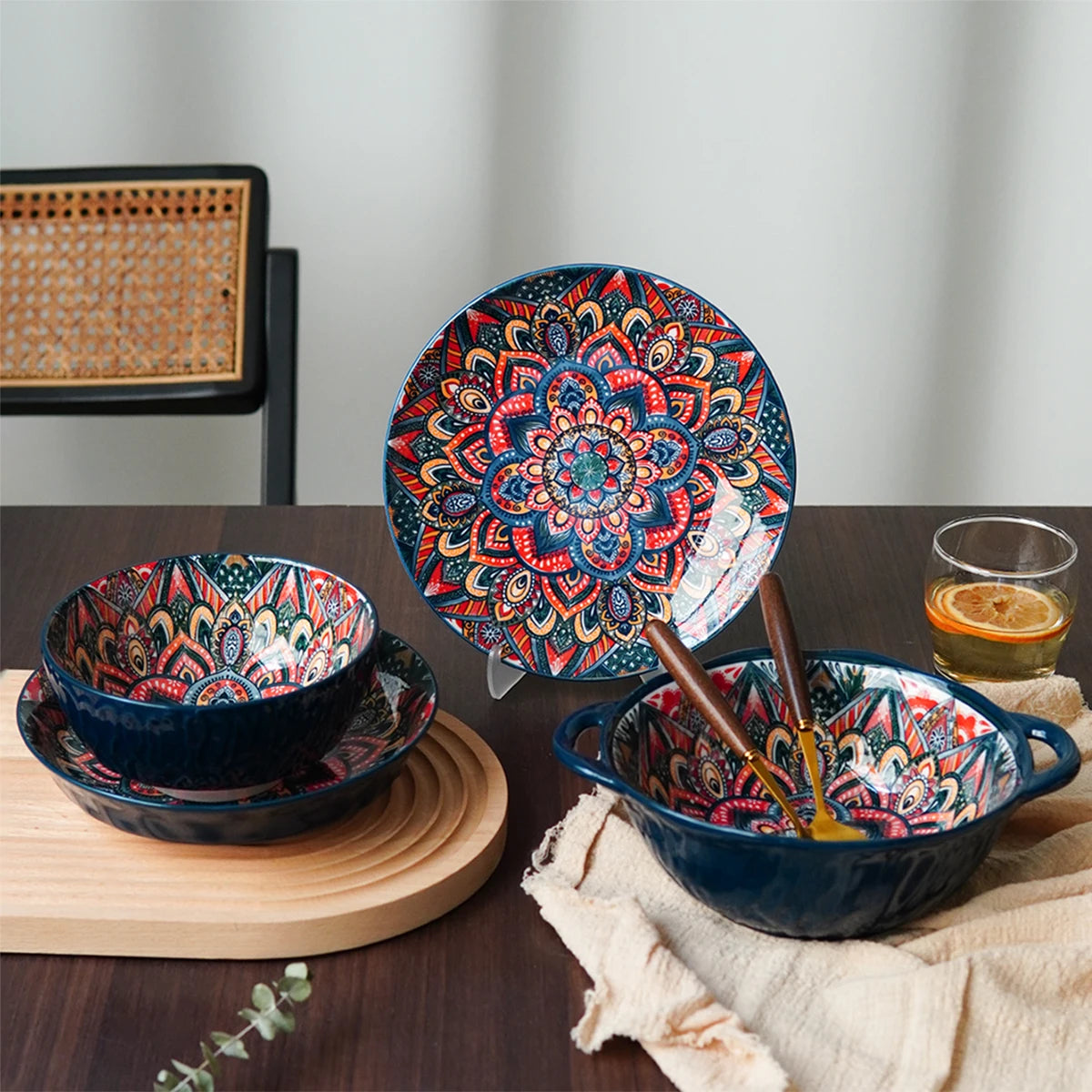 Bohemian ceramic dinnerware set with unique floral pattern by MC THE BLACK DIAMOND, featuring plates and bowls for elegant table setting.
