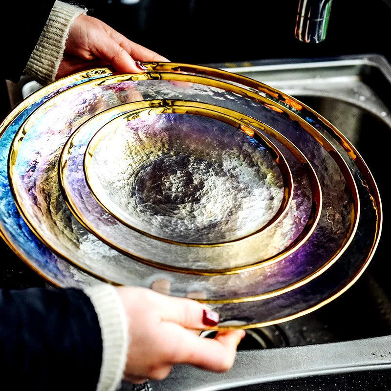 Thick rainbow glass dinner plate from MC THE BLACK DIAMOND, vibrant multicolor steak plate for dinnerware presentation