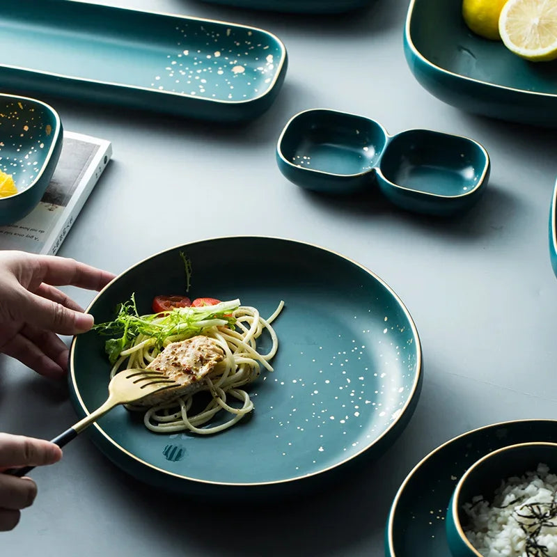 Dark green ceramic Western dinnerware set by MC THE BLACK DIAMOND, includes plates, bowls, and cups with a Nordic design.