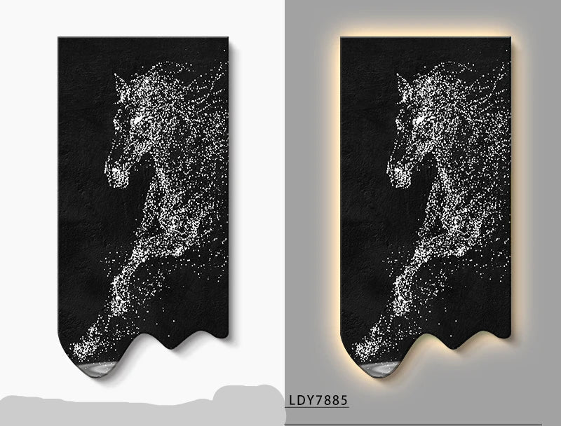 Modern art wall decor poster featuring a luminous horse painting by MC THE BLACK DIAMOND, perfect for living room or corridor decor.