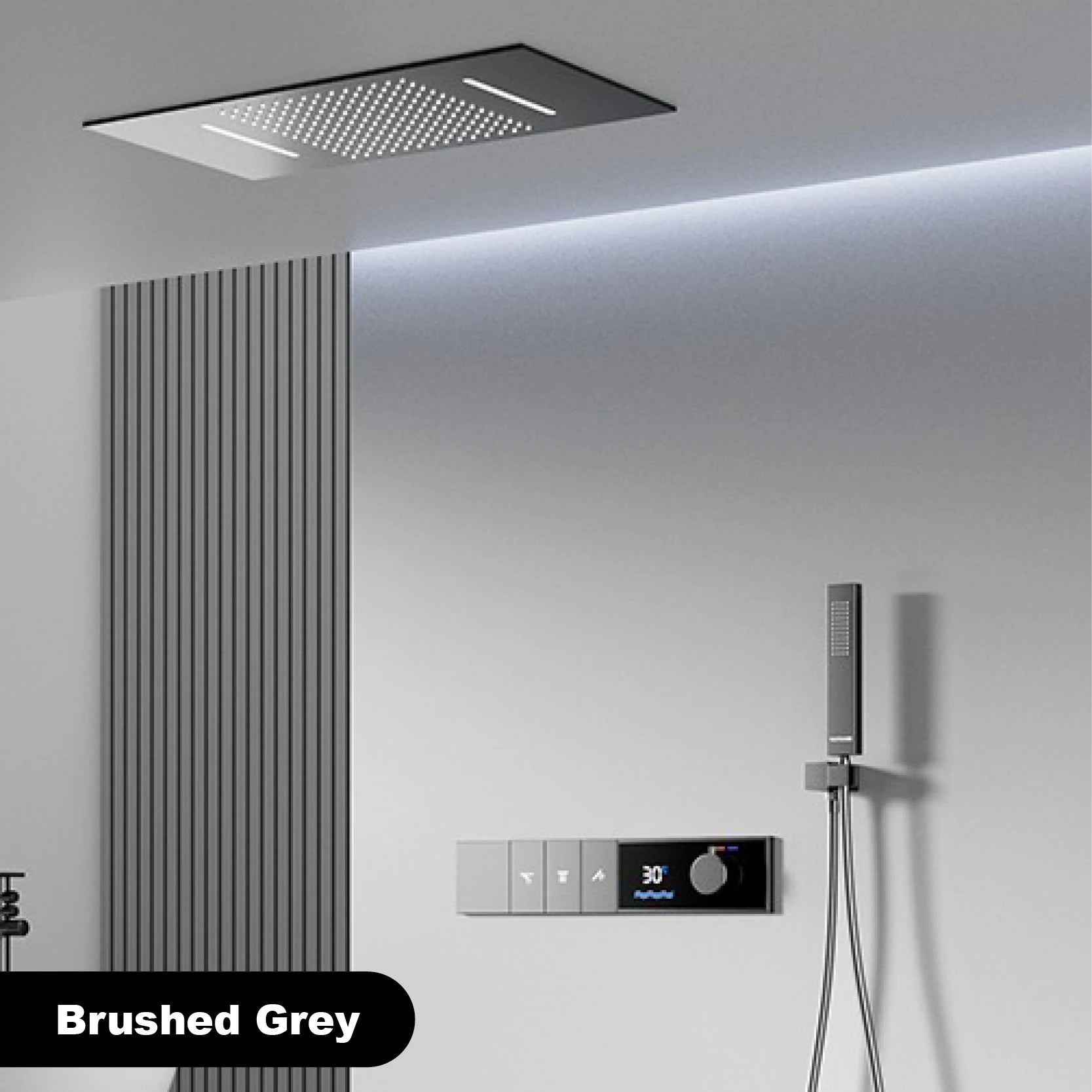 LED digital display shower system with three spray modes by MC THE BLACK DIAMOND, showing modern controls and sleek design.