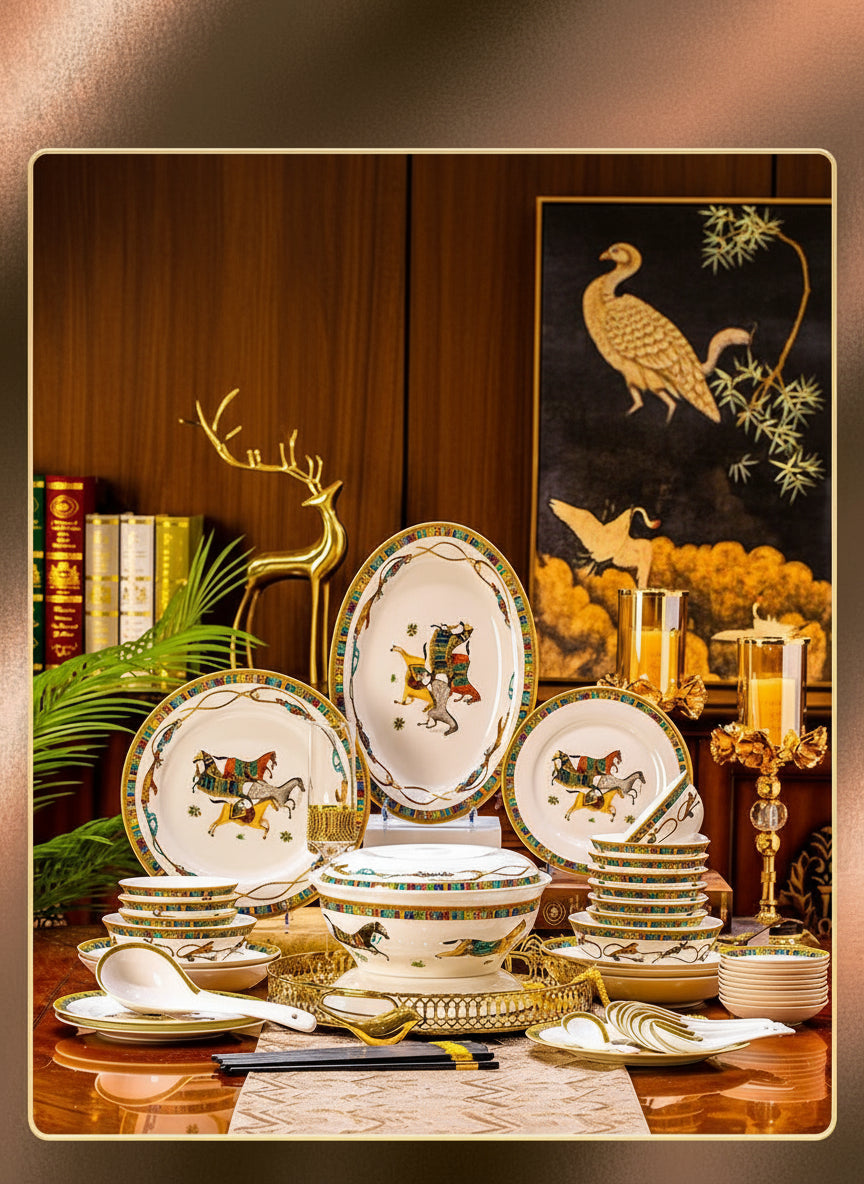 Family size dinnerware set by MC THE BLACK DIAMOND, includes plates, bowls, and cups for shared meals and gatherings.