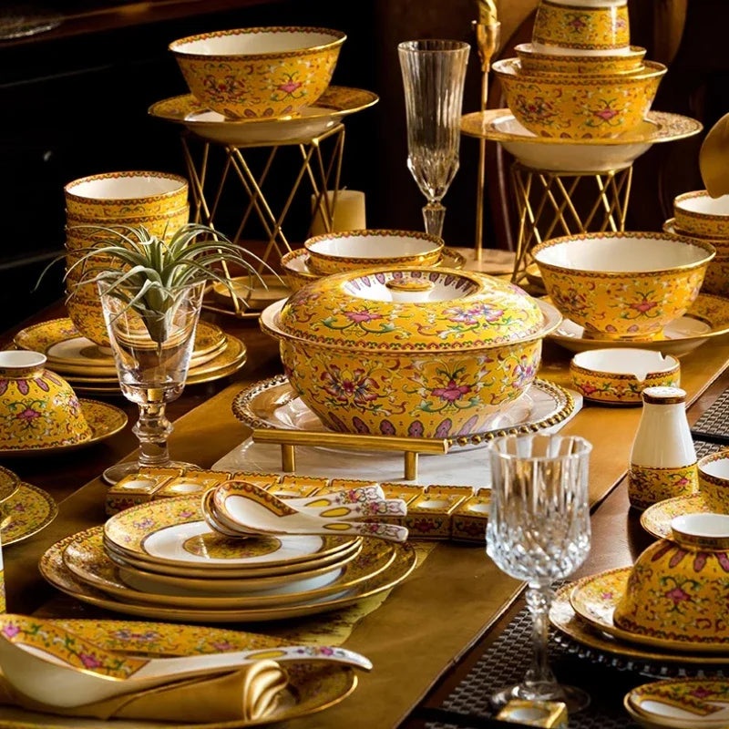 Elegant MC THE BLACK DIAMOND Fine Luxury Dinnerware Sets featuring white porcelain plates and bowls with gold accents.