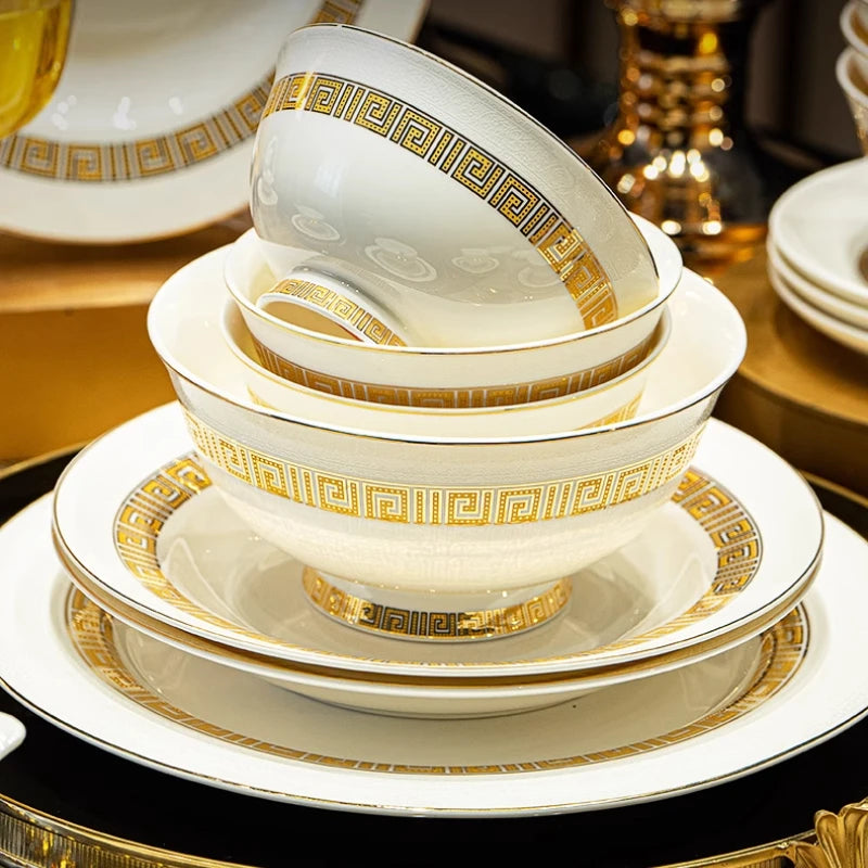 Elegant MC BLACK DIAMOND dinnerware set with white plates and bowls, perfect for adding a touch of luxury to your guest table.