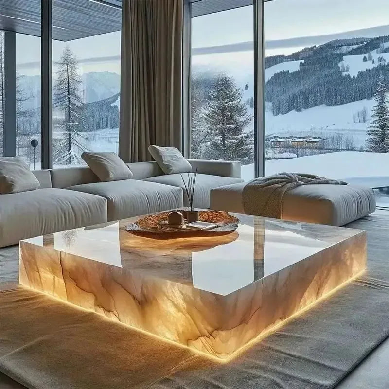 Translucent MC THE BLACK DIAMOND coffee table with illuminated backlit design, modern furniture piece for living room decor