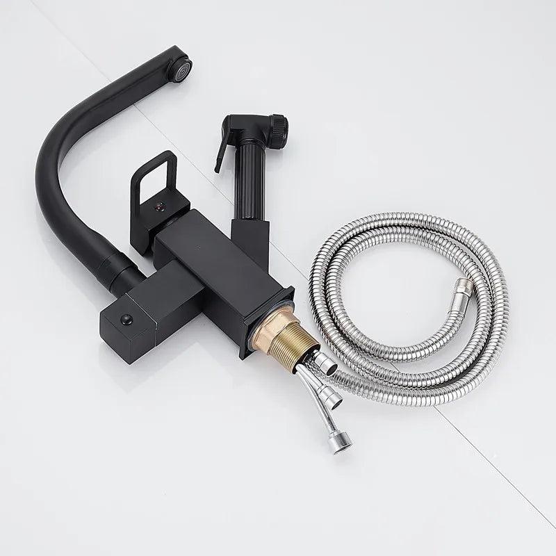 Chrome silver kitchen sink faucet with hot and cold spring spout, MC THE BLACK DIAMOND brand, featuring a modern design.