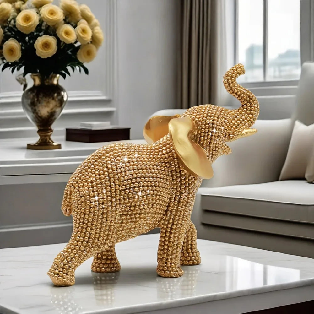 Golden elephant beaded figurine by MC THE BLACK DIAMOND, decorative good luck ornament for home decor and holiday decoration.