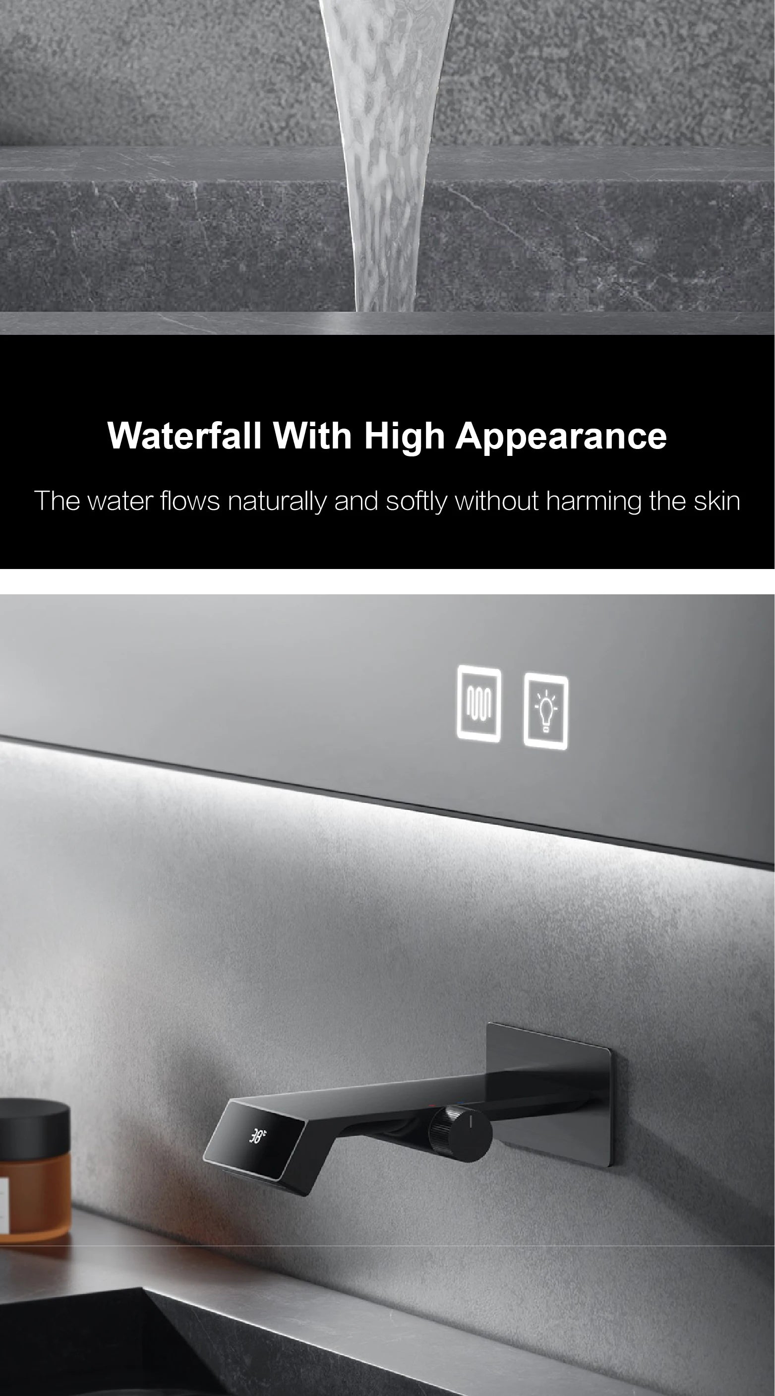 Luxury gray brass bathroom faucet with LED digital display and modern design from MC THE BLACK DIAMOND for bath sinks.
