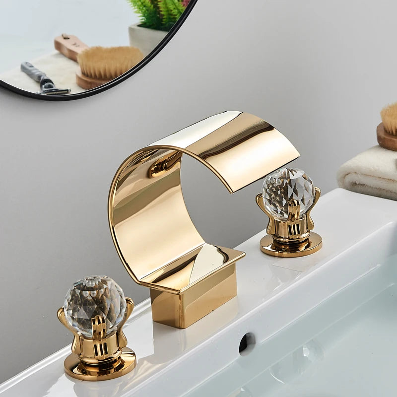 MC THE BLACK DIAMOND waterfall basin faucet with crystal handles for bath sink, sleek modern design, shiny chrome finish.