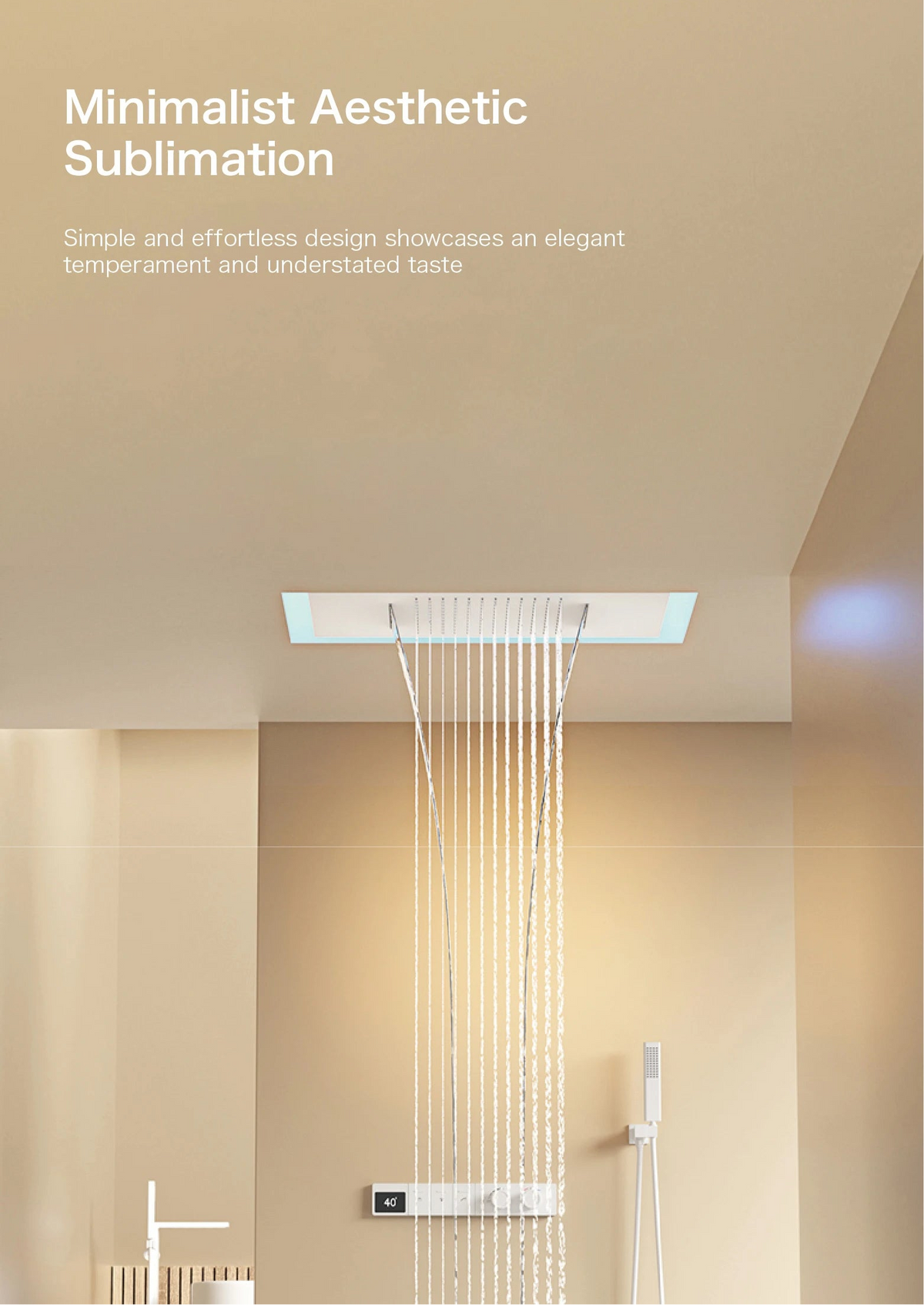 Wall-mounted MC THE BLACK DIAMOND shower system with dual control hot and cold water, hidden design, modern bathroom fixture.