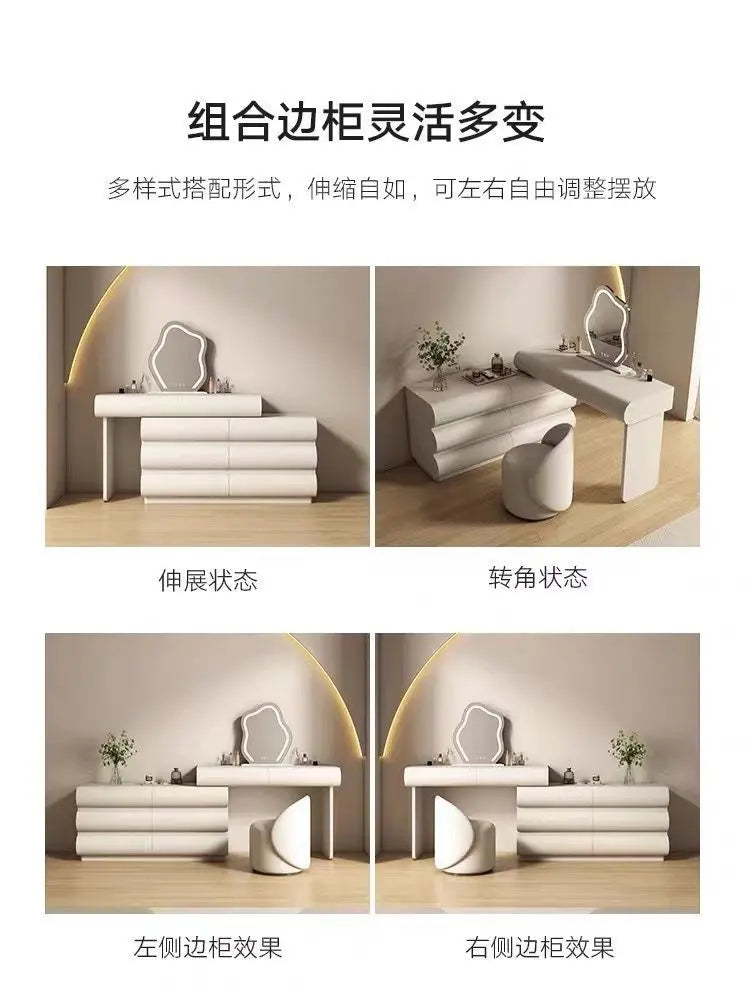 Mirror drawers vanity table with storage organizer and dressing mirror, featuring a chair, in a modern bedroom setup by 𝕄𝕔 𝕋𝕙𝕖 𝔹𝕝𝕒𝕔𝕜 𝔻�