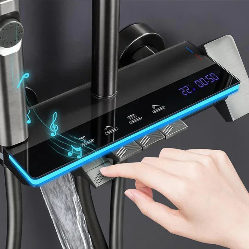Wall-mounted MC THE BLACK DIAMOND rainfall shower system with pressurized bath and shower faucet set, featuring sleek design.