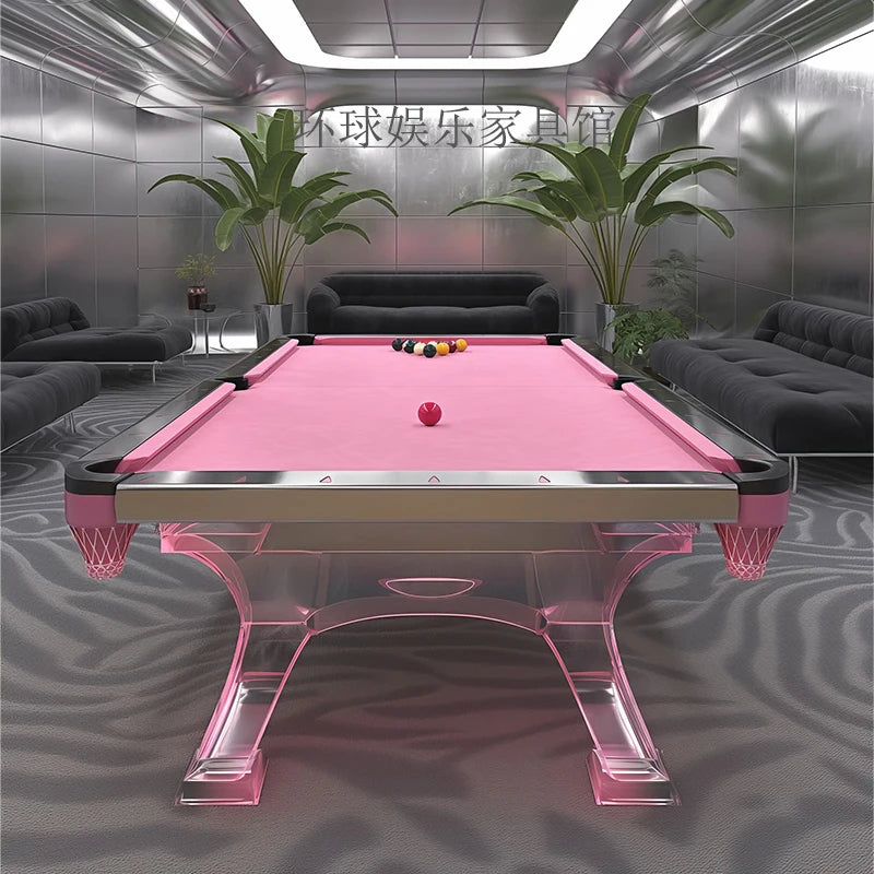 Pink acrylic billiard table by MC THE BLACK DIAMOND with a sleek design, perfect for stylish home entertainment.