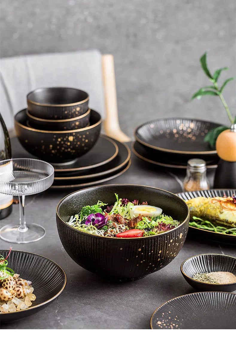 Ceramic dinnerware set by MC THE BLACK DIAMOND includes bowls and cutlery for kitchen and table use.