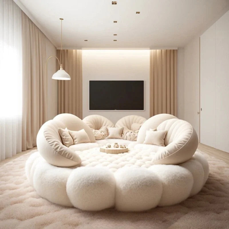 European full size platform bed frame by MC THE BLACK DIAMOND with a round aesthetic, soft upholstered headboard in a master bedroom setting.