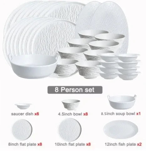 Modern Simplicity black and white frosted porcelain dinner set with ceramic bowls, plates, and dishes for household or hotel use.