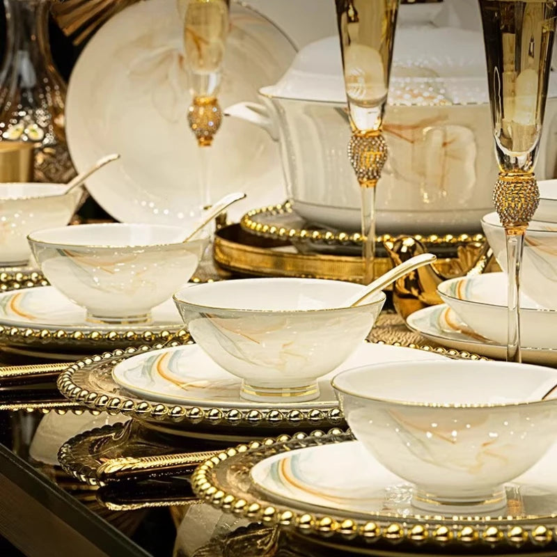 Luxury MC THE BLACK DIAMOND dinnerware set with high-quality plates, bowls, and mugs arranged on a table for elegant dining.